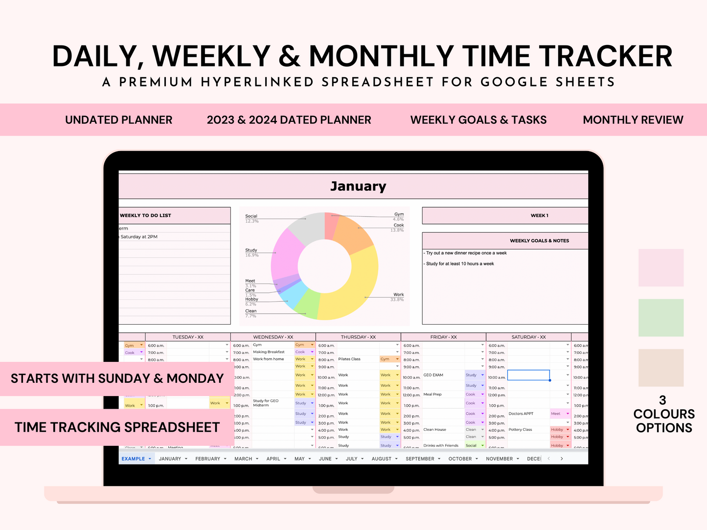 Daily, Weekly & Monthly Time Tracker Spreadsheet