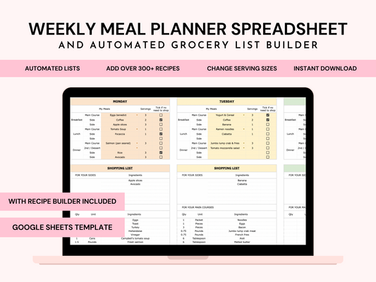 Weekly Meal Planner Spreadsheet (Premium Version)