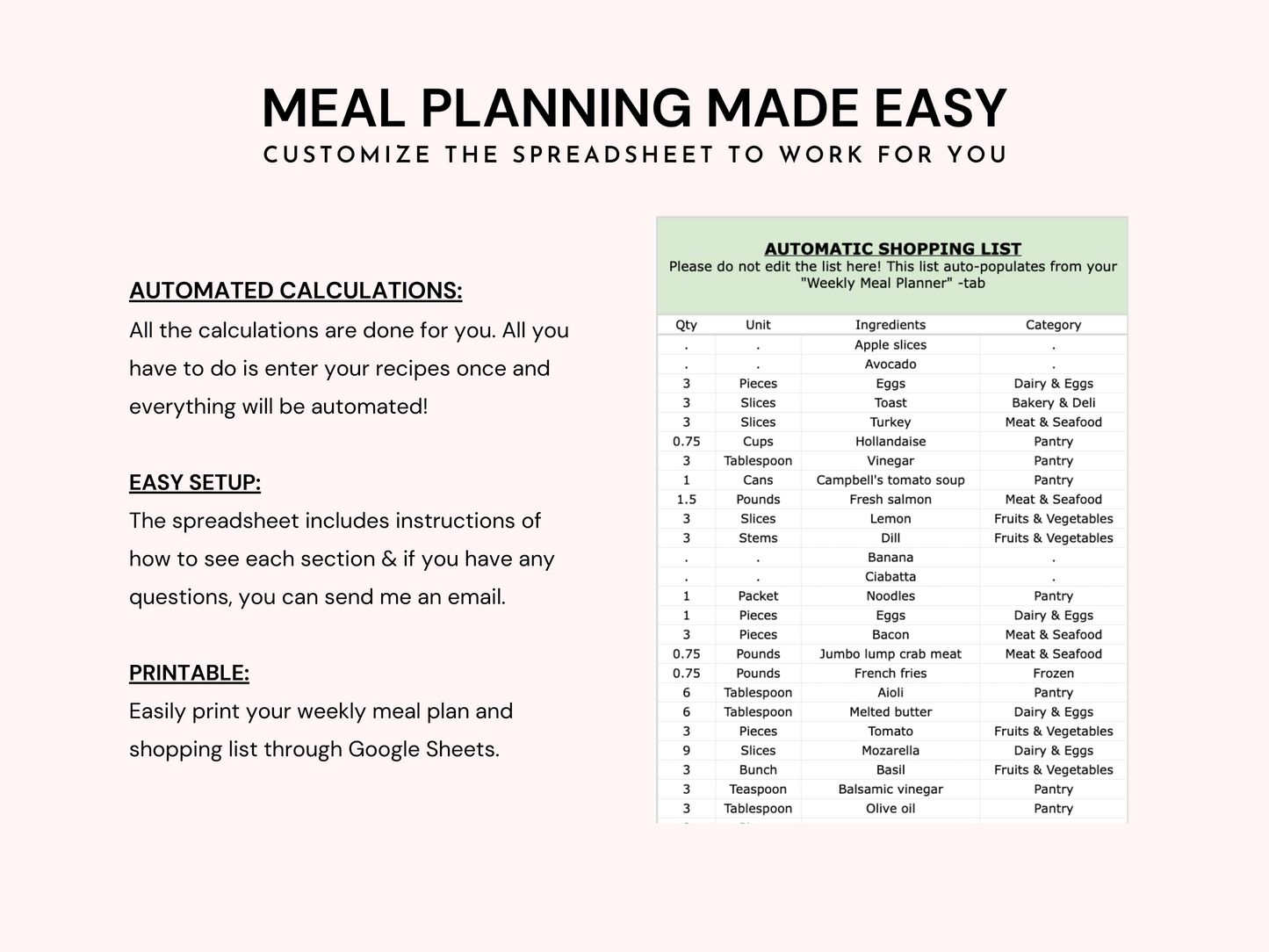 Weekly Meal Planner Spreadsheet (Premium Version)