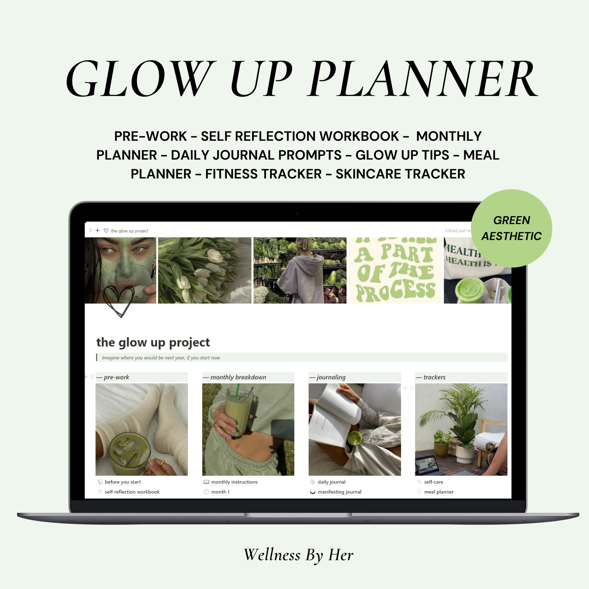 Glow Up Notion Templates | Green - Wellness By Her Shop