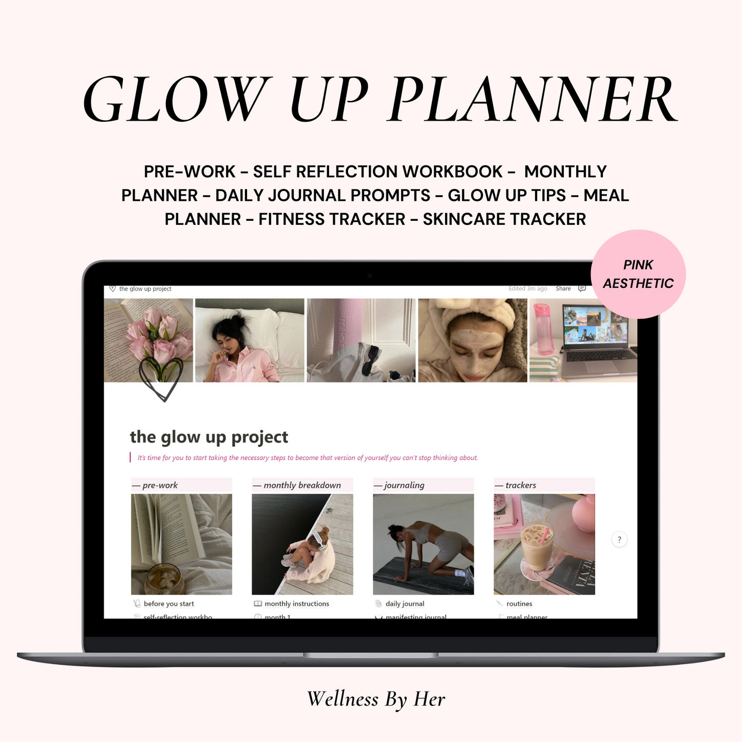 Glow Up Notion Templates | Pink - Wellness By Her Shop